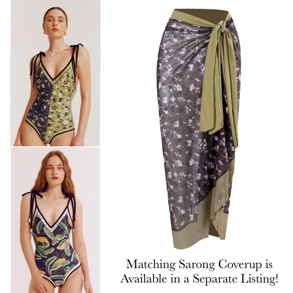 Boho Green & Black Floral Reversible Swimsuit with Shoulder Ties - Picture 15 of 16